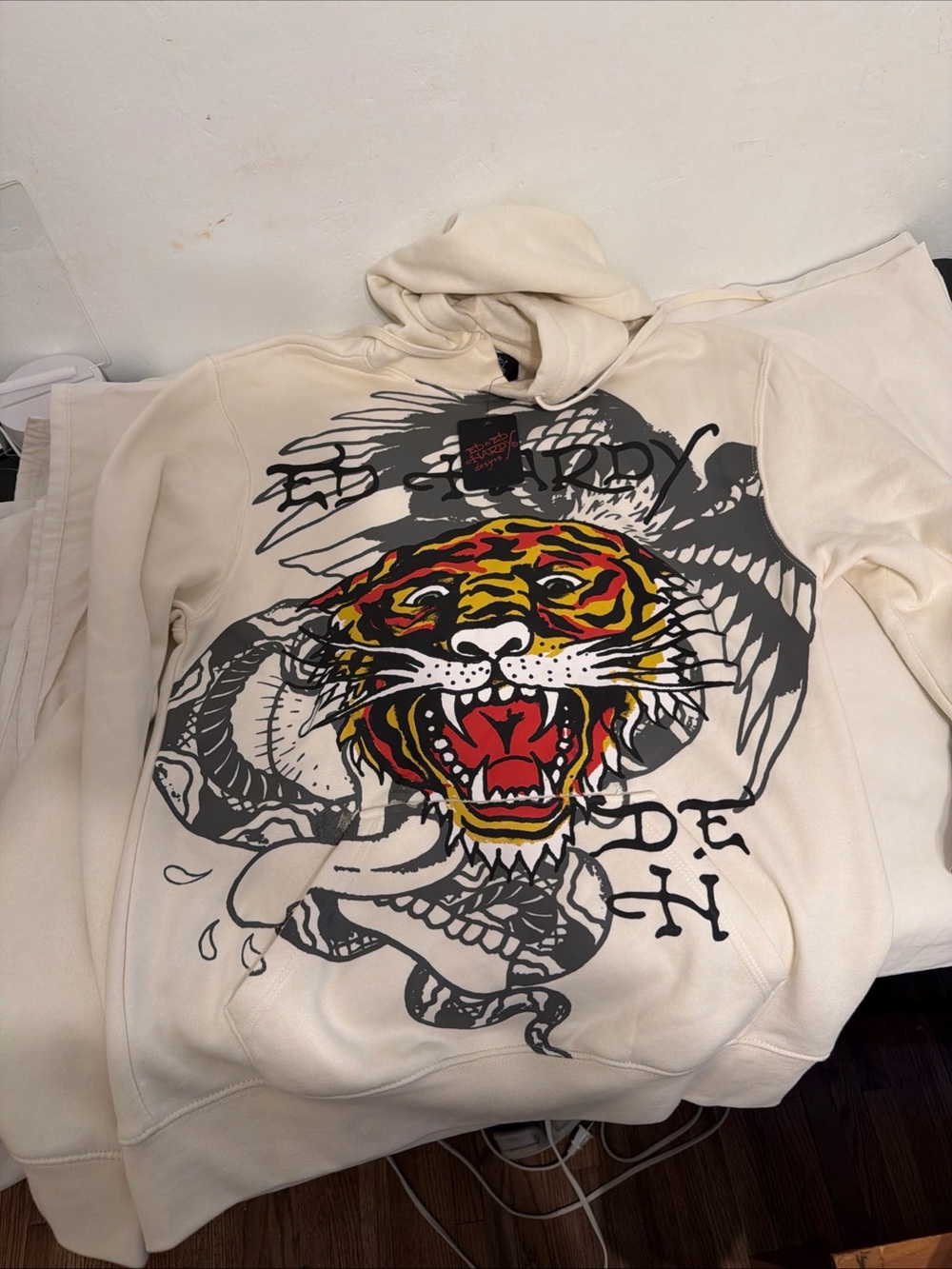 Ed Hardy Cream Crewneck Sweater with Tiger & Snake Graphic
